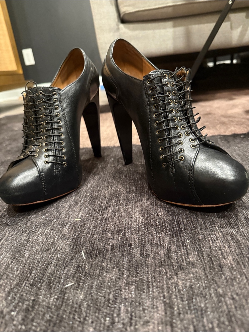 L.A.M.B. Black Leather Lace-Up High Heel Booties - Women's Dress Pumps Size 10